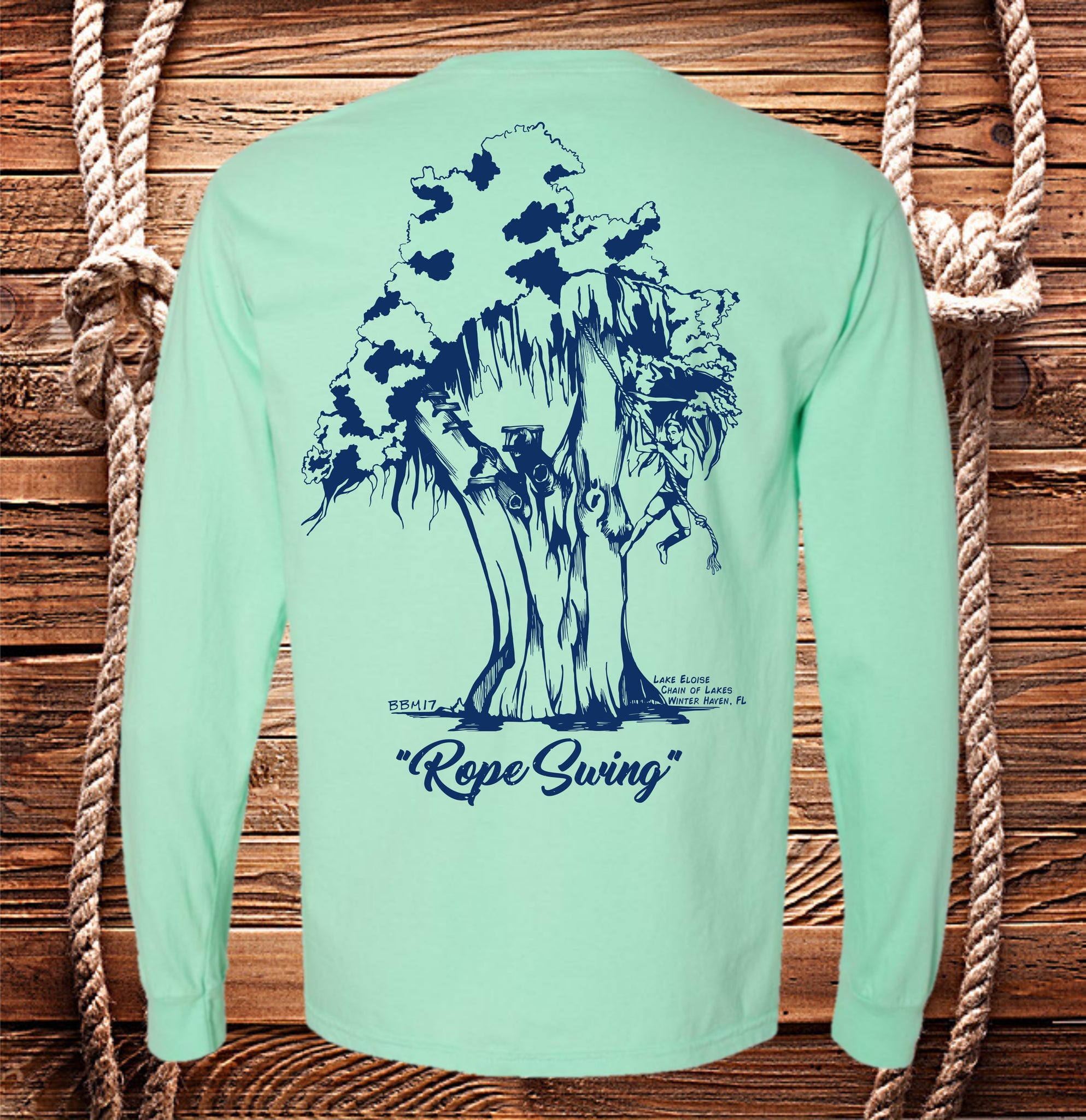 Rope Swing on Lake Eloise T-shirt, Long Sleeve, Hand Drawn by Local Brooke-Braddy Moore available in 6 colors