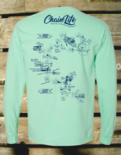 Load image into Gallery viewer, Chain of Lakes Map long sleeve T-shirt available in 8 colors