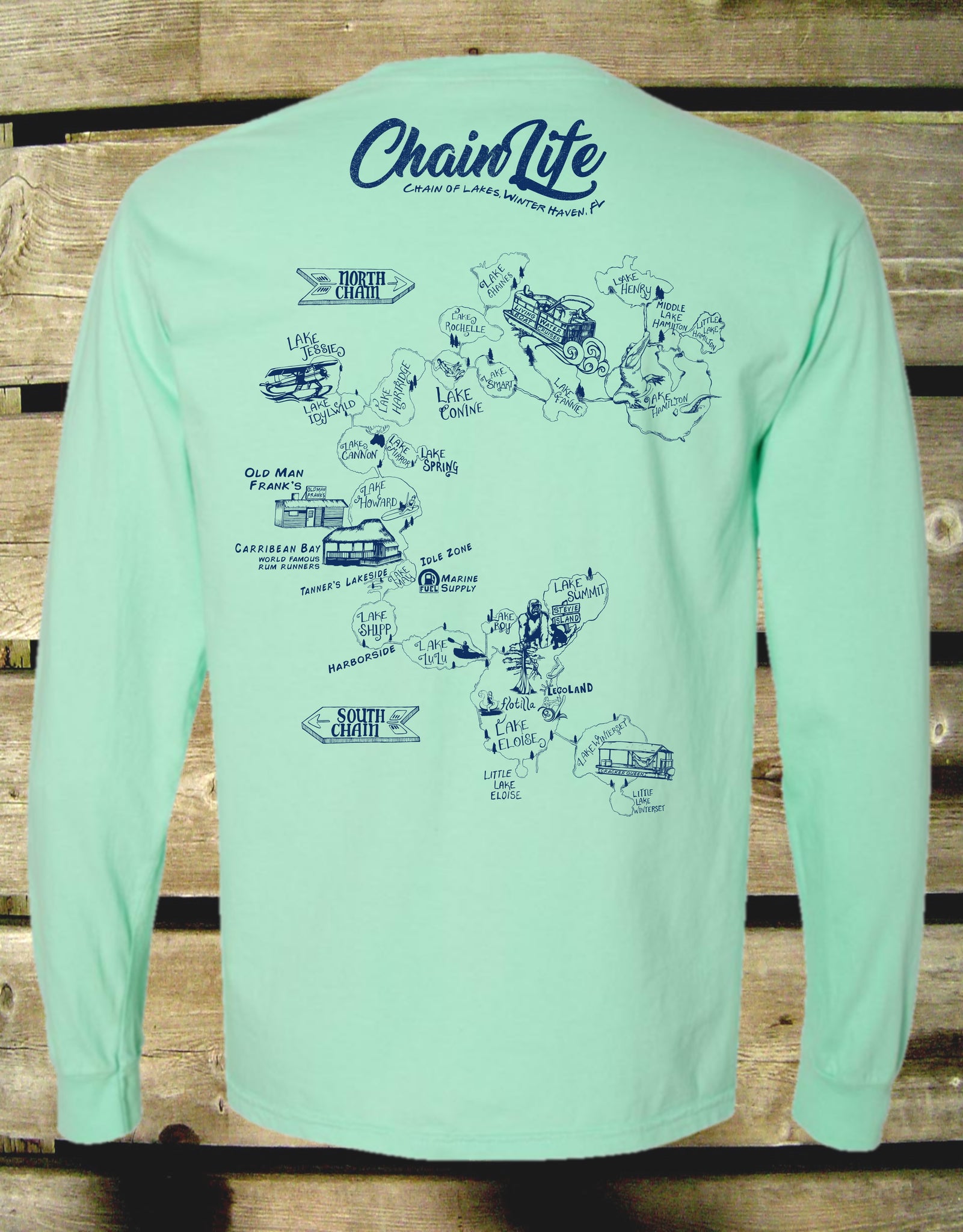 Chain of Lakes Map long sleeve T-shirt available in 8 colors