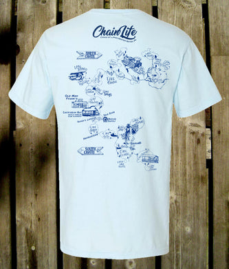 Chain of Lakes Tee Shirt hand drawn by our local artist Brooke-Braddy Moore available in 5 colors