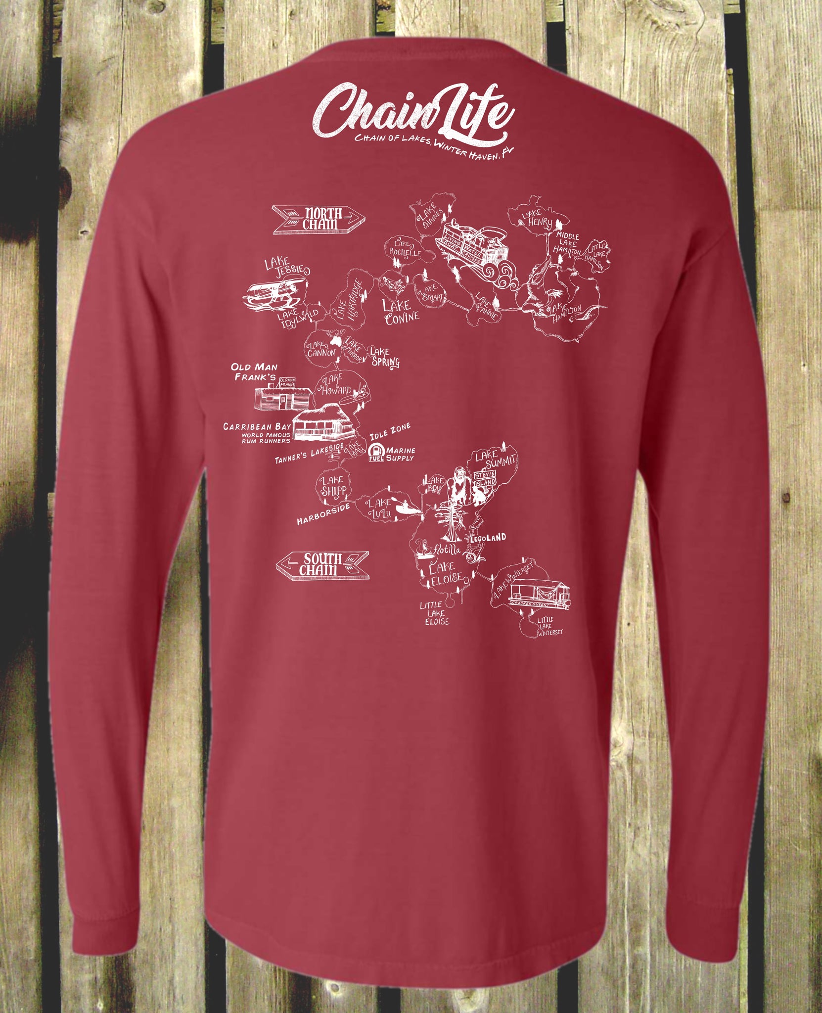 Chain of Lakes Map long sleeve T-shirt available in 8 colors