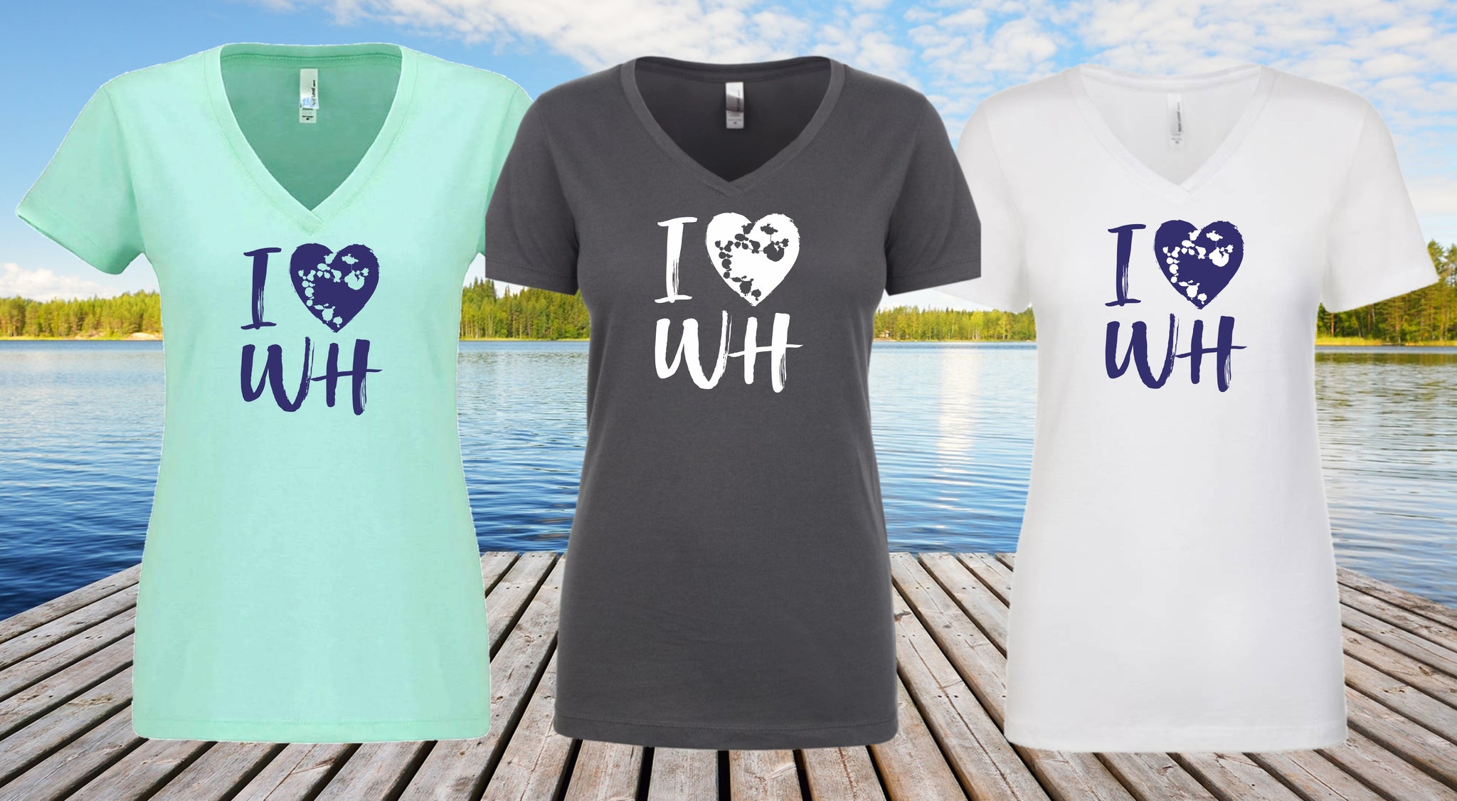 "I Heart WH" w/ Chain of Lakes Heart Silhouette Ladies V-neck