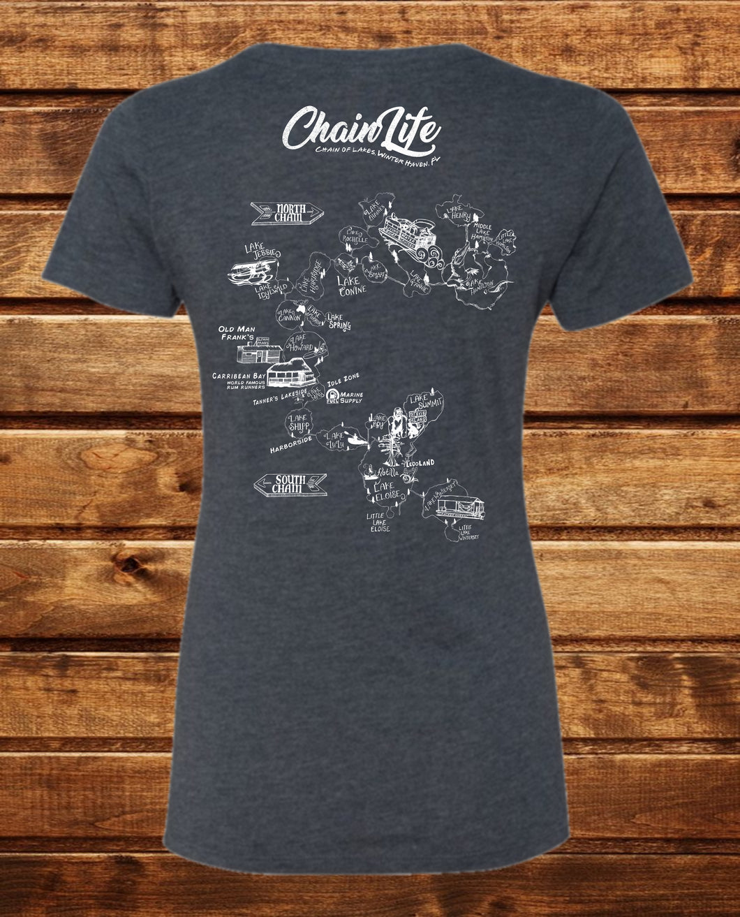 Chain of Lakes Ladies V-neck T-Shirt hand drawn by our local artist Brooke-Braddy Moore 7 colors