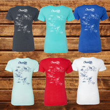 Load image into Gallery viewer, Chain of Lakes Ladies V-neck T-Shirt hand drawn by our local artist Brooke-Braddy Moore 7 colors