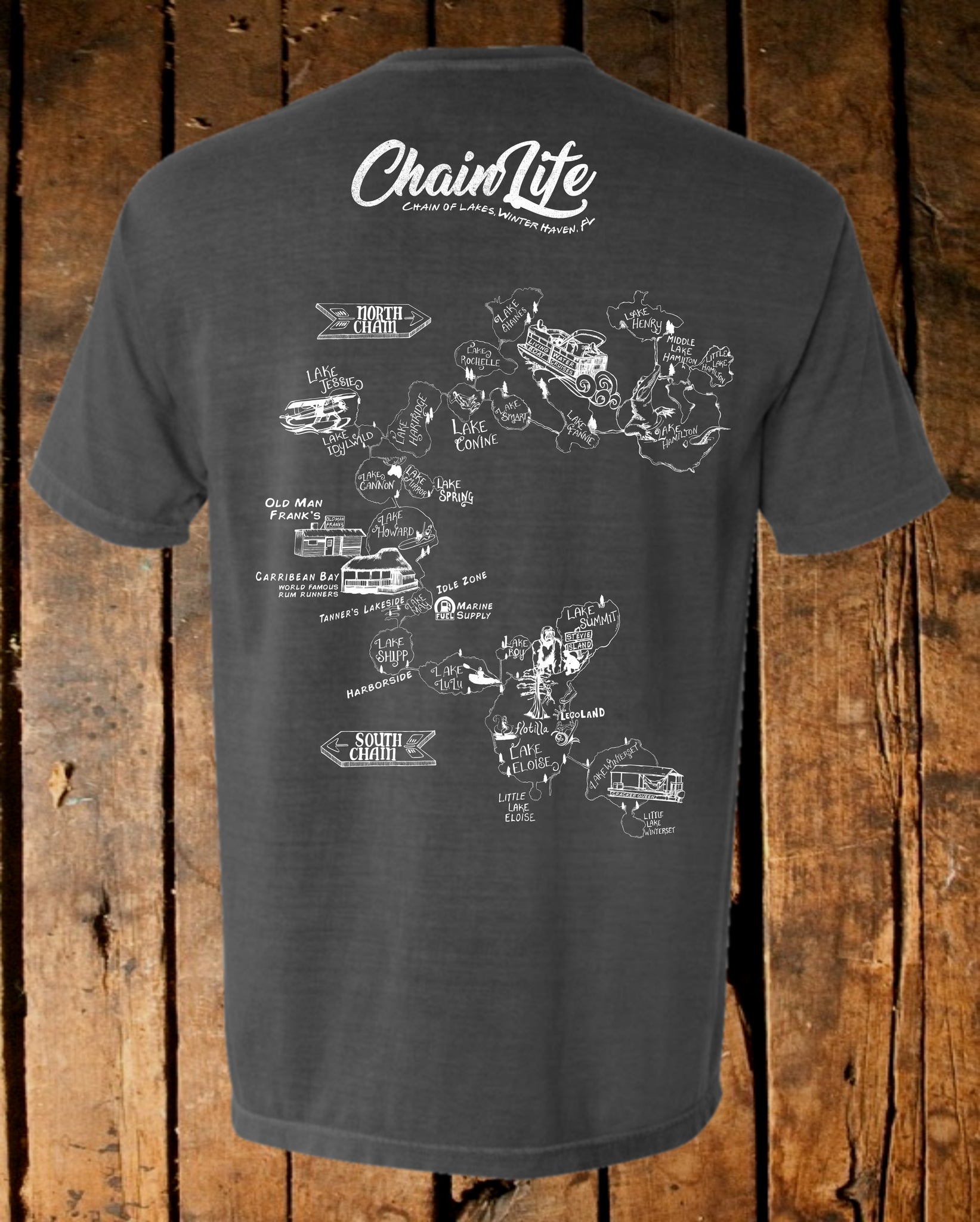 Chain of Lakes Coordinates Tee Shirt with Chain of Lakes Map