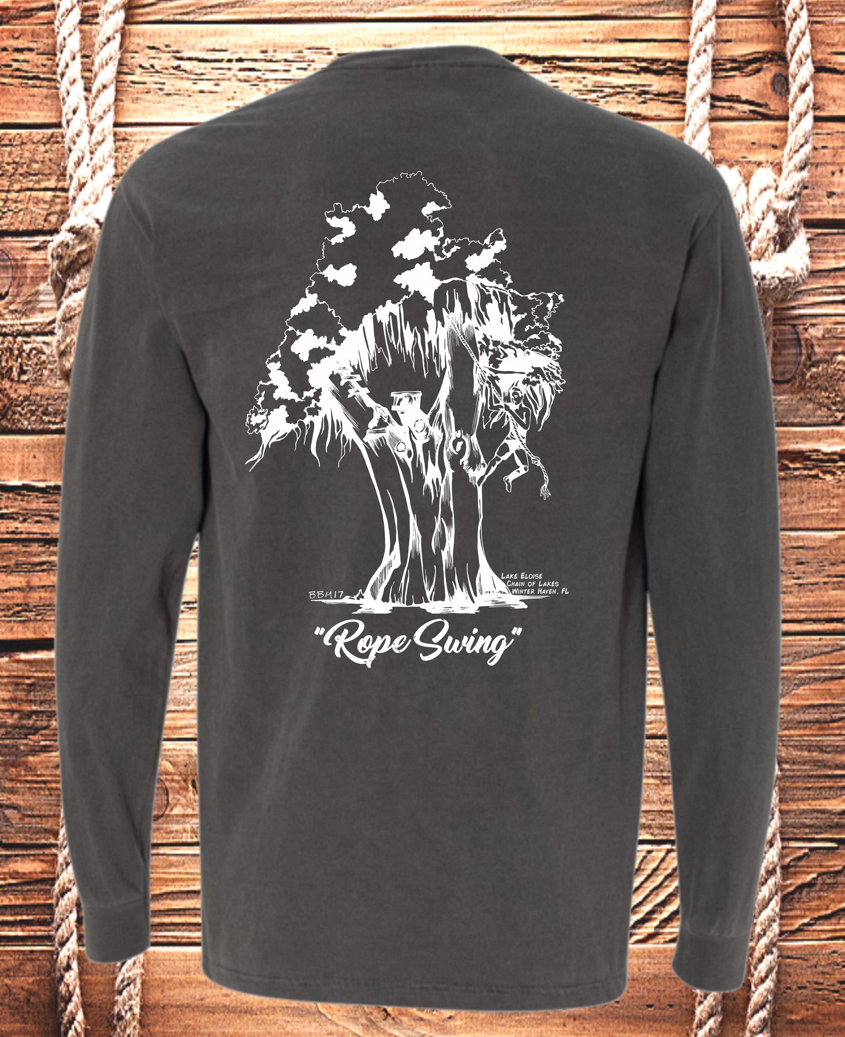 Rope Swing on Lake Eloise T-shirt, Long Sleeve, Hand Drawn by Local Brooke-Braddy Moore available in 6 colors